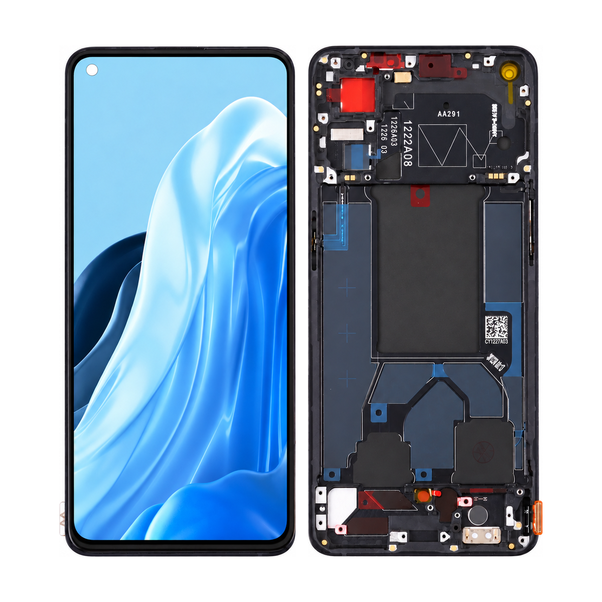 Phone screen assembly 1557090 — front and back, official pattern visual adaptation, unified layout test