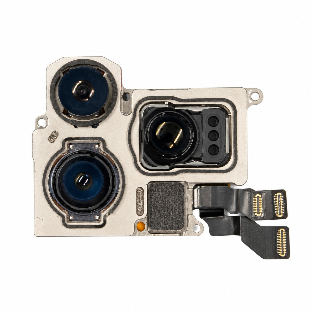 YWB camera module visual preview with three lenses, metal housing and flex connections